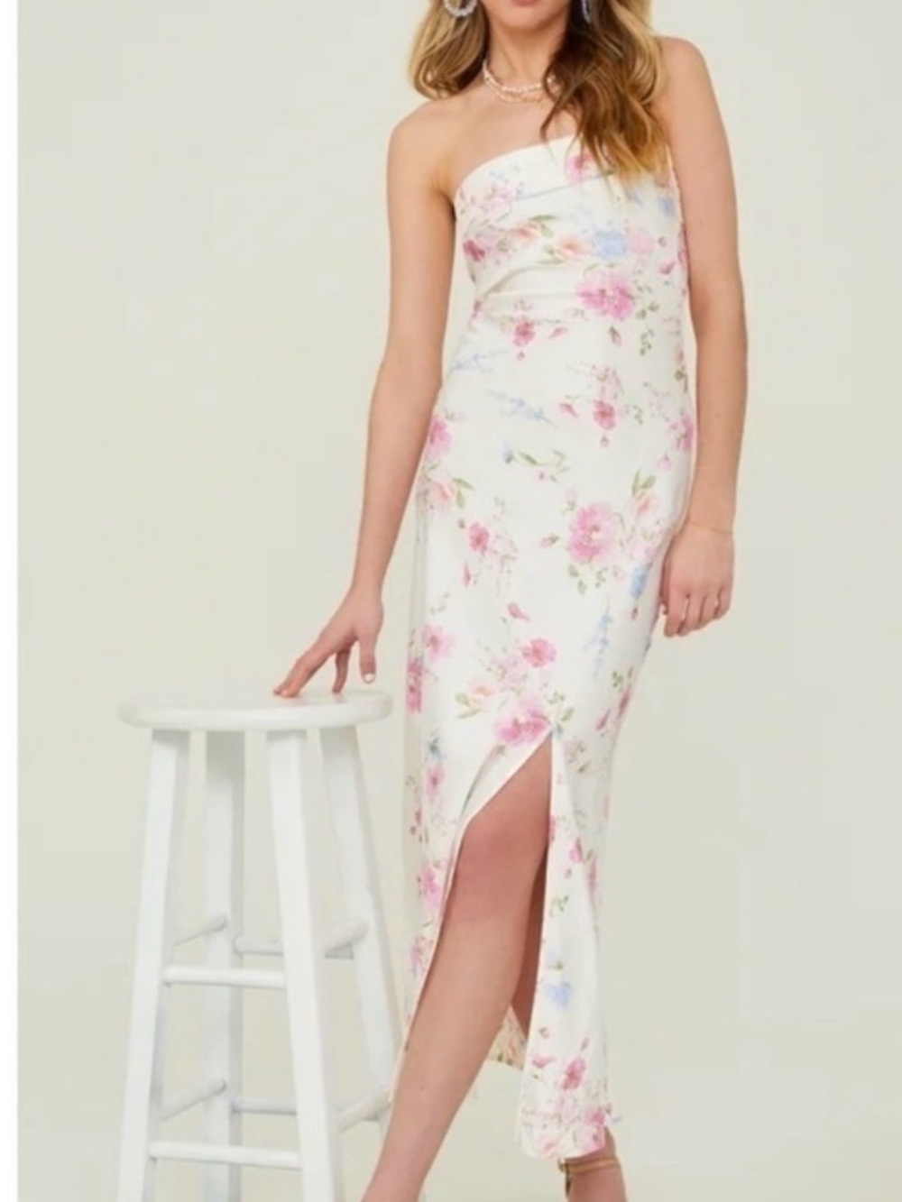 Altar'd State Floral Midi Dress in Ivory with Pink Blooms